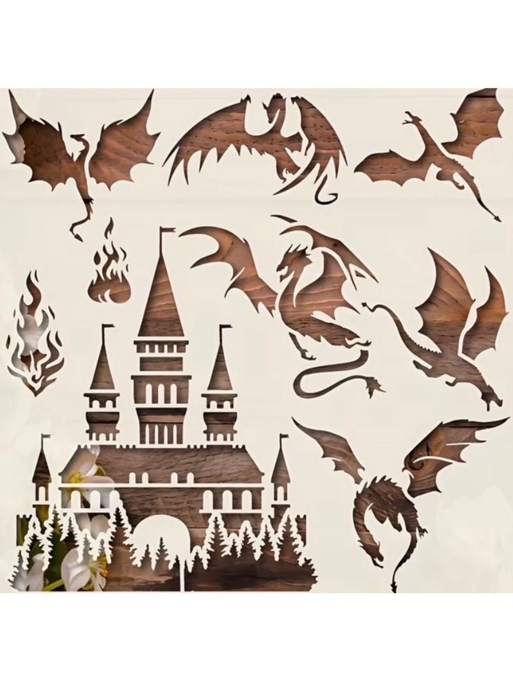 Castle & Dragons Stencil 5.9 X 5.9 Inches Reusable